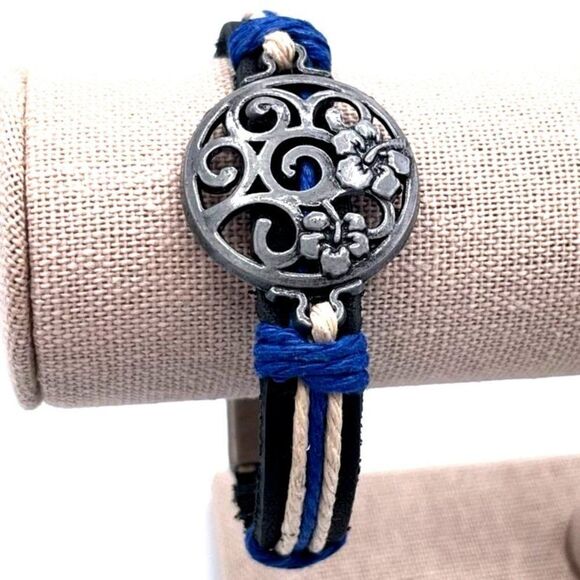 Black Faux Leather with Hemp Cord and Silver Hibiscus Boho Bracelet - Picture 8 of 8